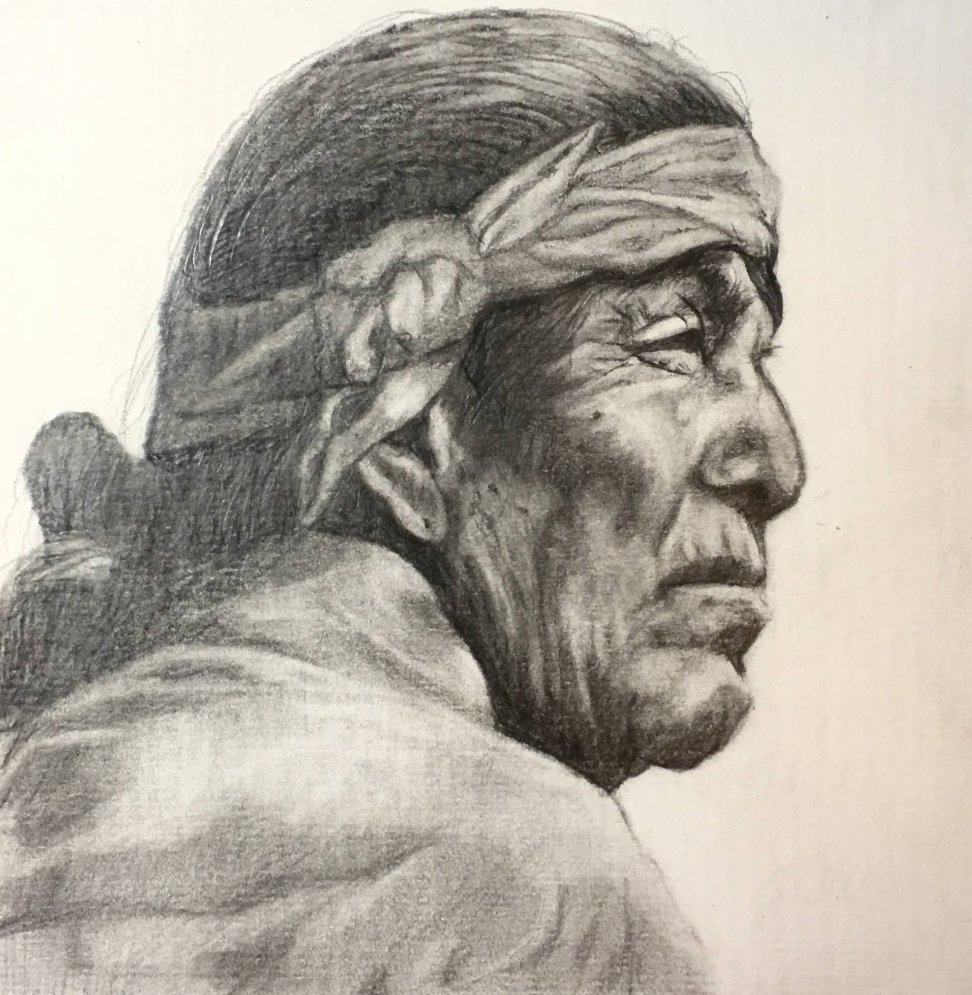 Pencil drawing of a Navajo elder  by Darlene Meader Riggs